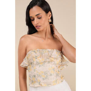 Lulus Natela Cream Floral Strapless Ruffled Top Yellow - Size XS